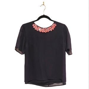 2/$18 French Connection Navy Pink Embellished Rhinestones Short Sleeve Blouse
